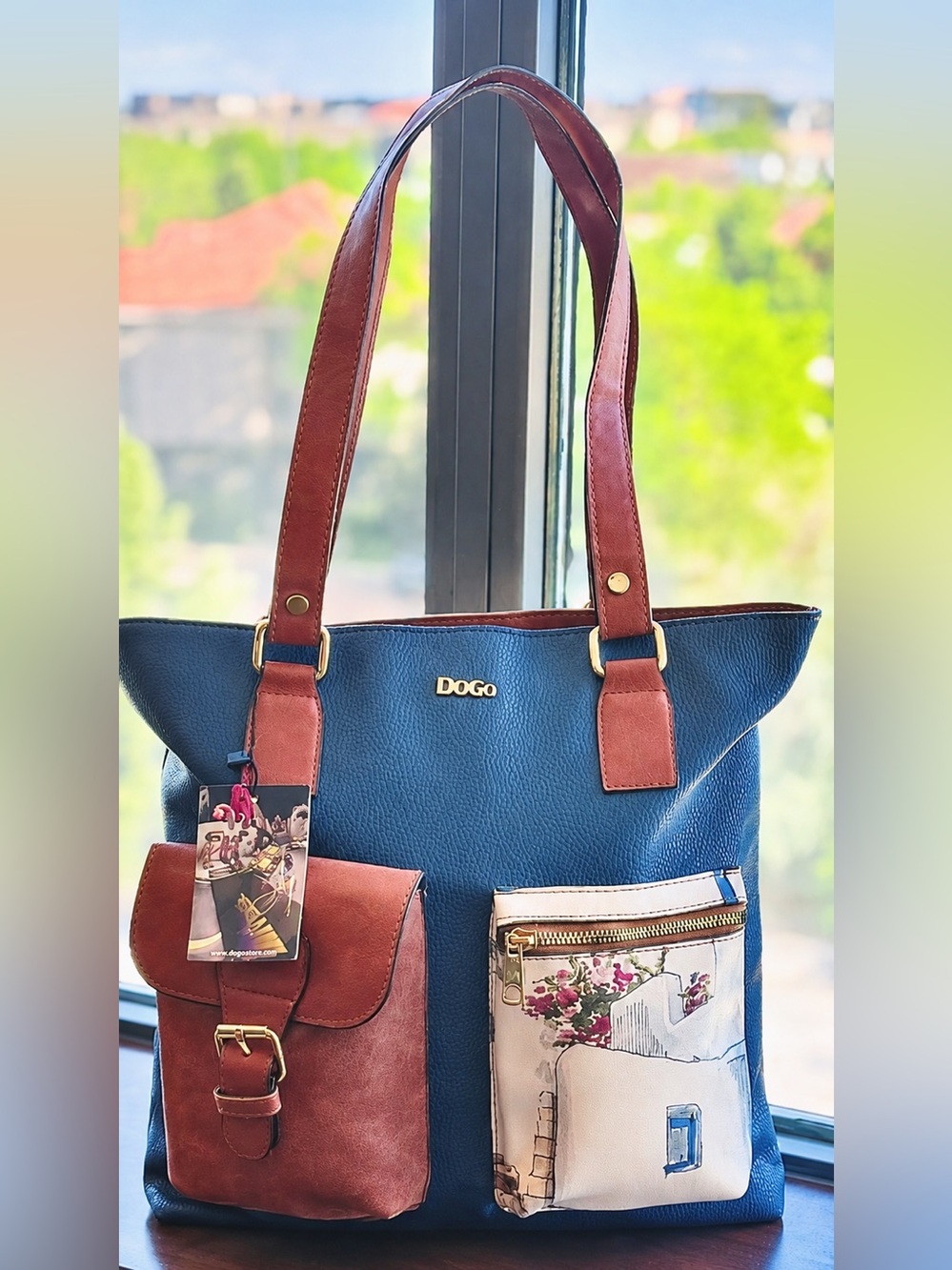 NWT - DOGO “Paperflower Multi-pocket Vegan Leather/Suede Shoulder Bag” in Navy